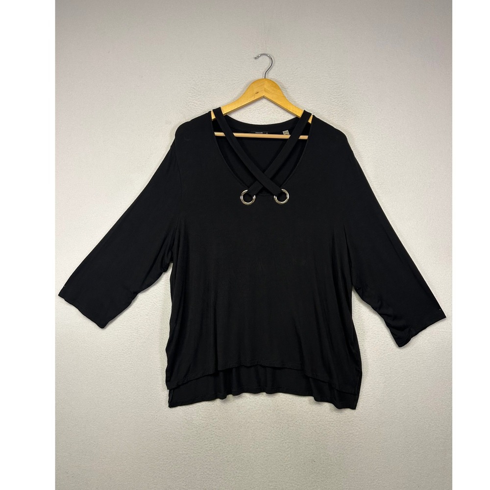 Minimalist Tahari Woman 2X Black Grommet Criss‎ Cross V-Neck 3/4 Sleeve Top